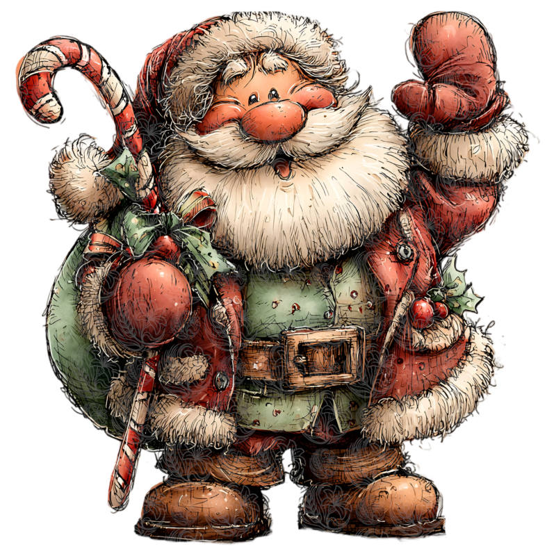 Whimsical Santa holding candy cane and gift sack in charming illustrated style, Grey Barn Handwerk, Saskatchewan.